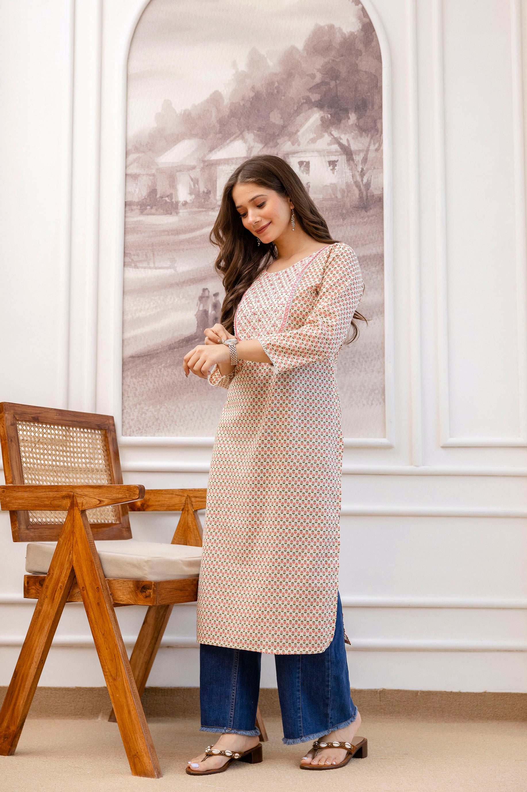 Peach Printed Embroidered Pure Cotton Straight Kurta.