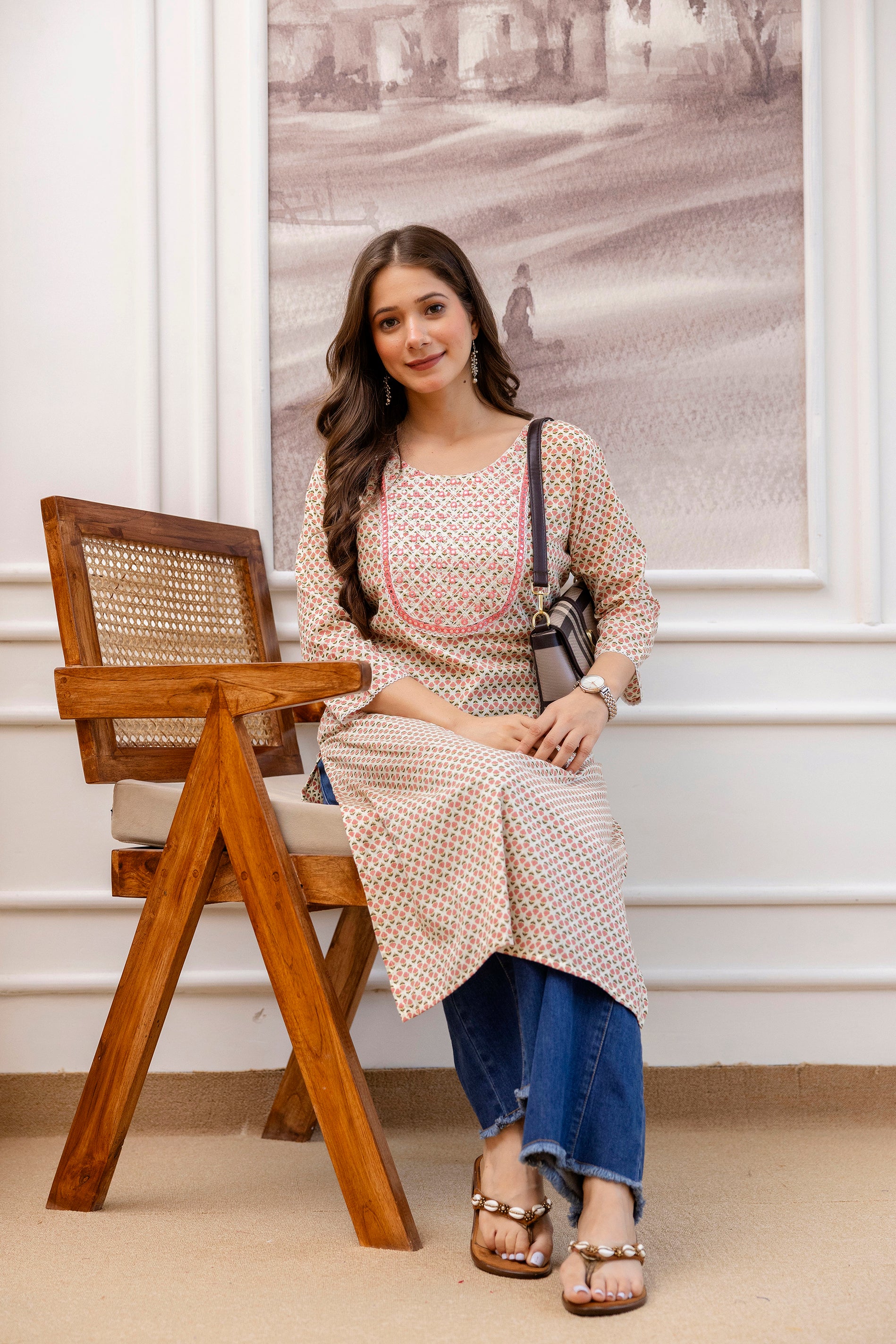 Peach Printed Embroidered Pure Cotton Straight Kurta.