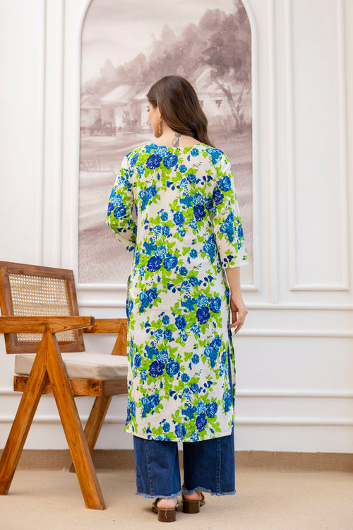 Green Printed Embroidered Pure Cotton Straight Kurta.