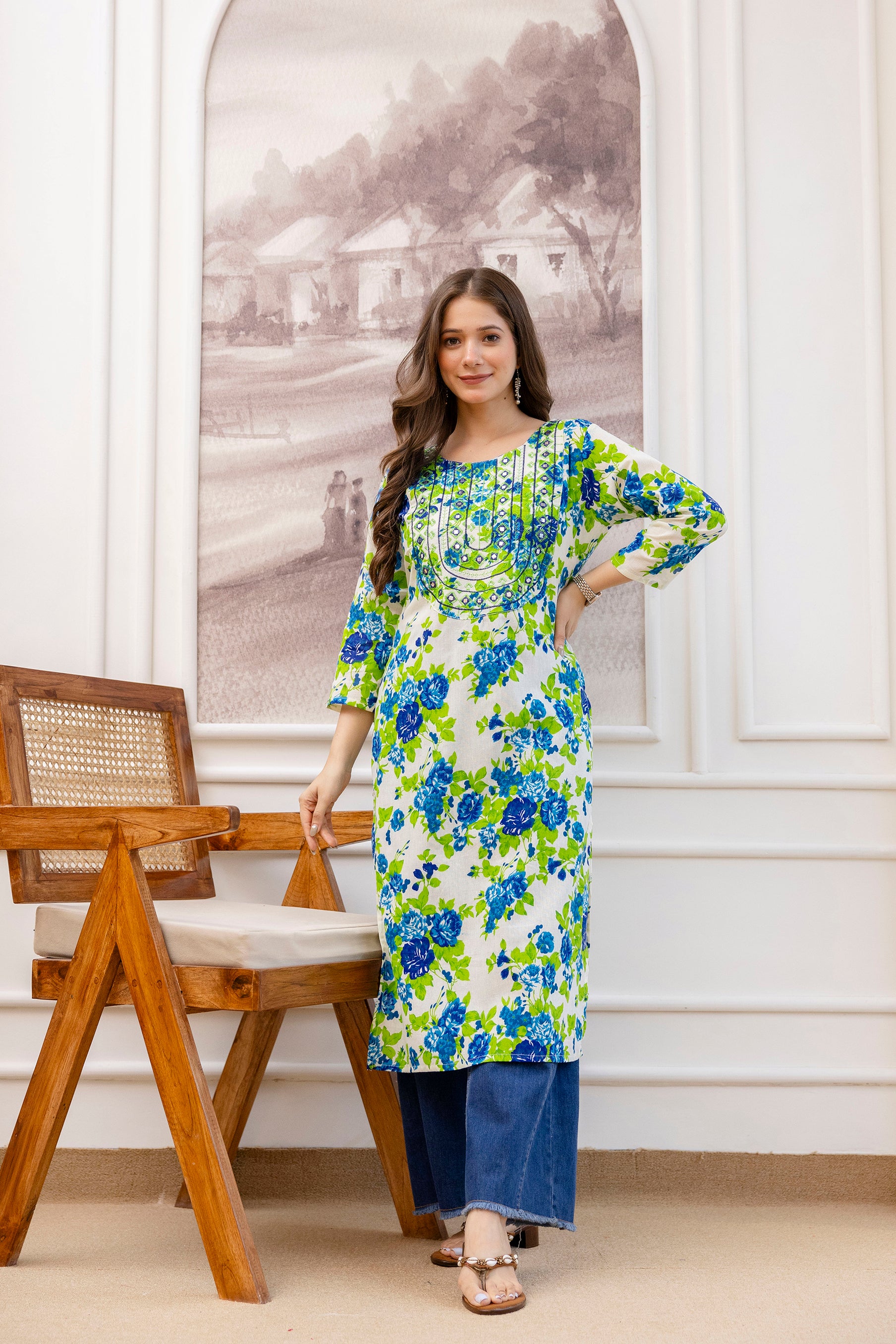 Green Printed Embroidered Pure Cotton Straight Kurta.