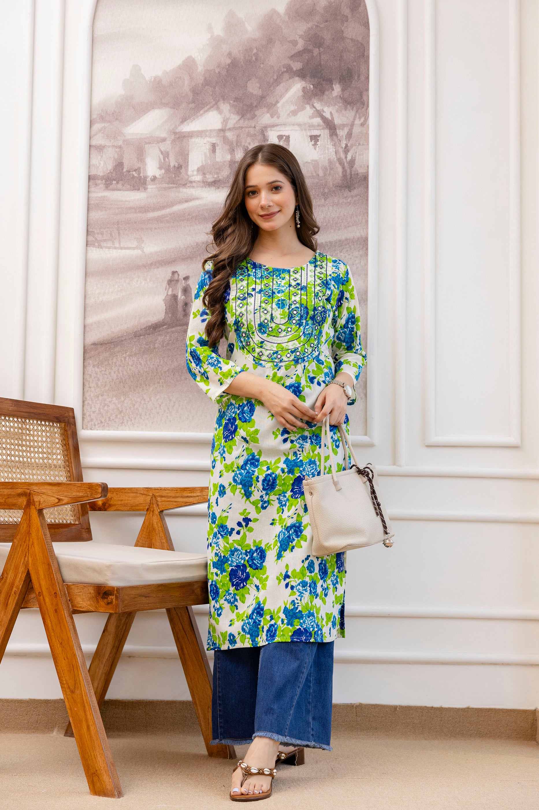 Green Printed Embroidered Pure Cotton Straight Kurta.