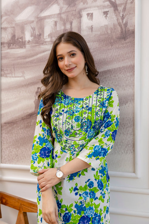 Green Printed Embroidered Pure Cotton Straight Kurta.