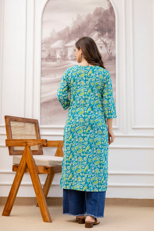 Sea Green Printed Embroidered Pure Cotton Straight Kurta.