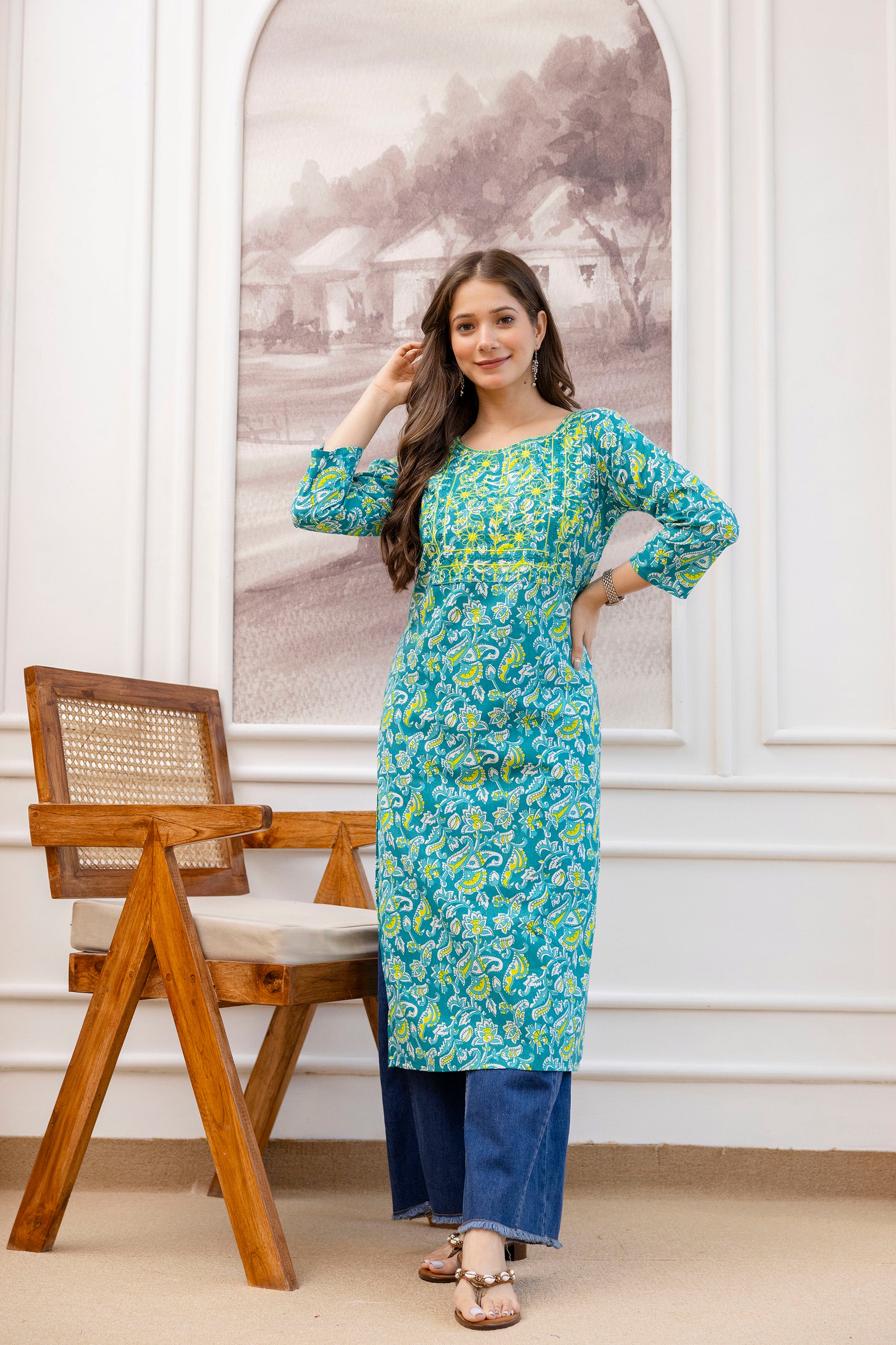 Sea Green Printed Embroidered Pure Cotton Straight Kurta.