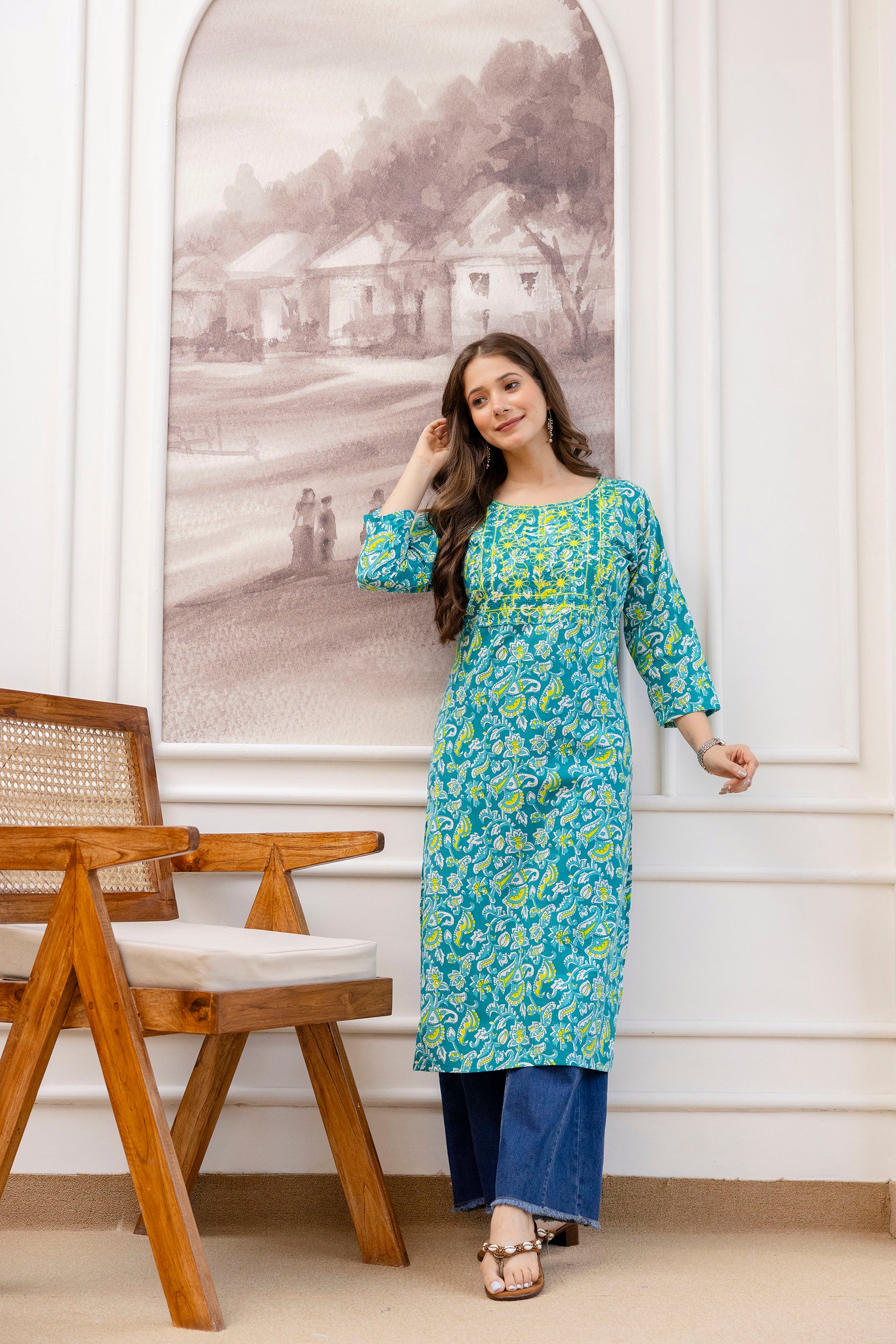 Sea Green Printed Embroidered Pure Cotton Straight Kurta.