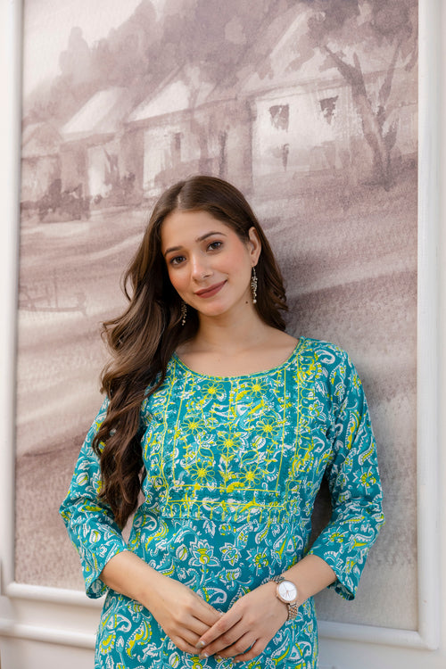 Sea Green Printed Embroidered Pure Cotton Straight Kurta.