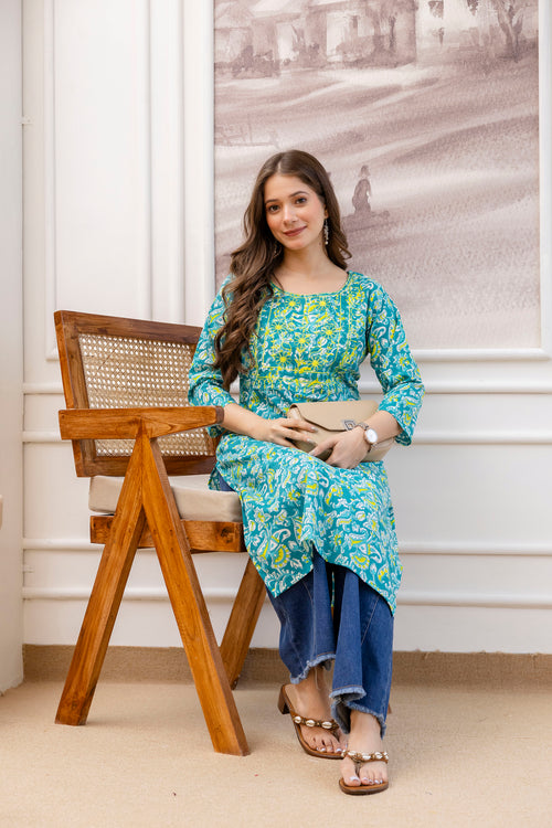 Sea Green Printed Embroidered Pure Cotton Straight Kurta.