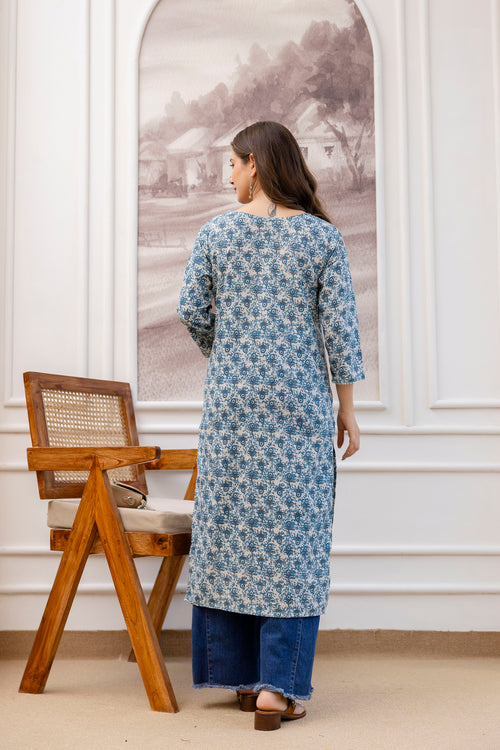 Navy Blue Printed Embroidered Pure Cotton Straight Kurta.