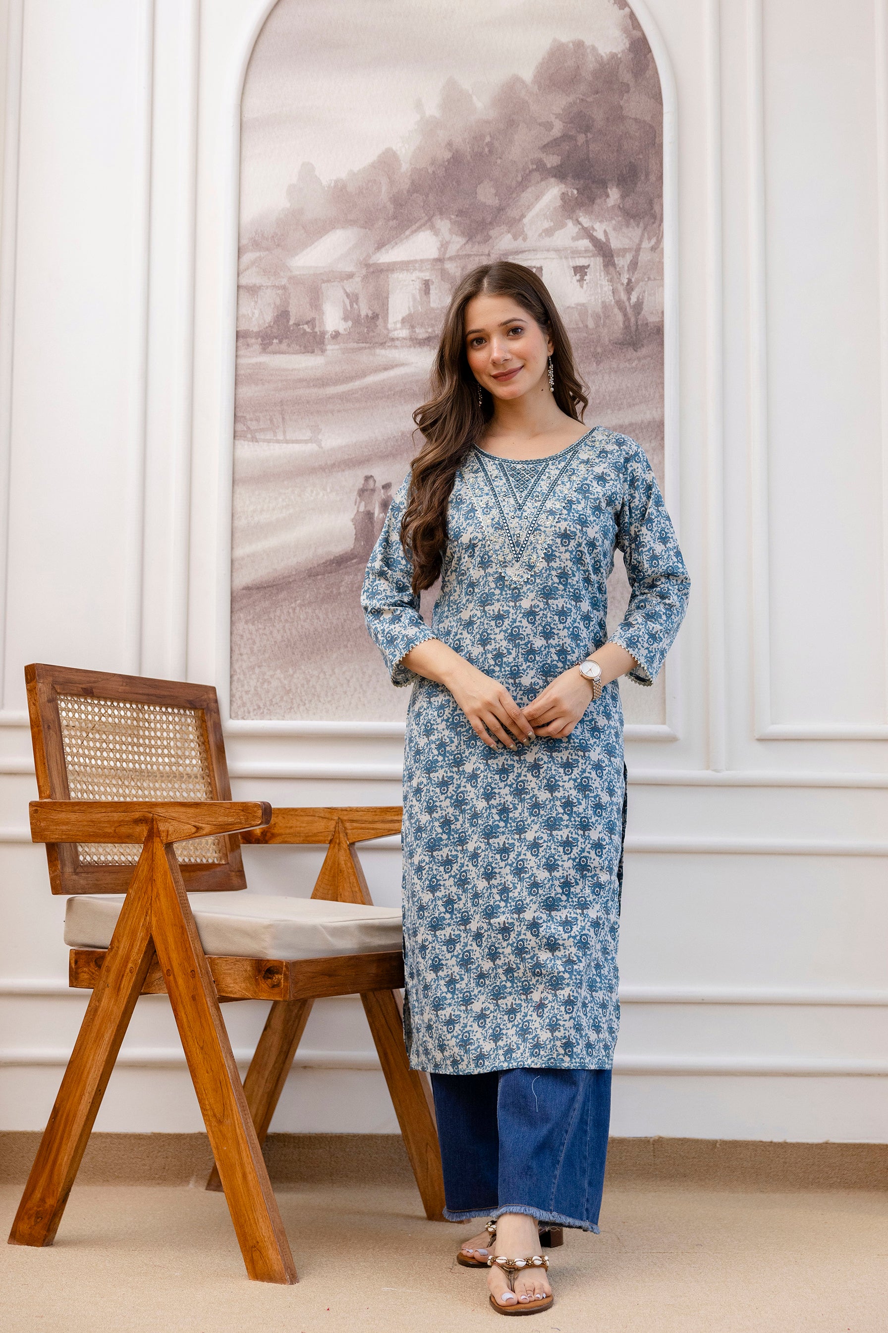 Navy Blue Printed Embroidered Pure Cotton Straight Kurta.