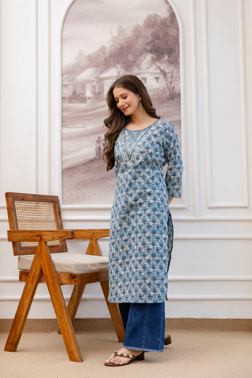 Navy Blue Printed Embroidered Pure Cotton Straight Kurta.