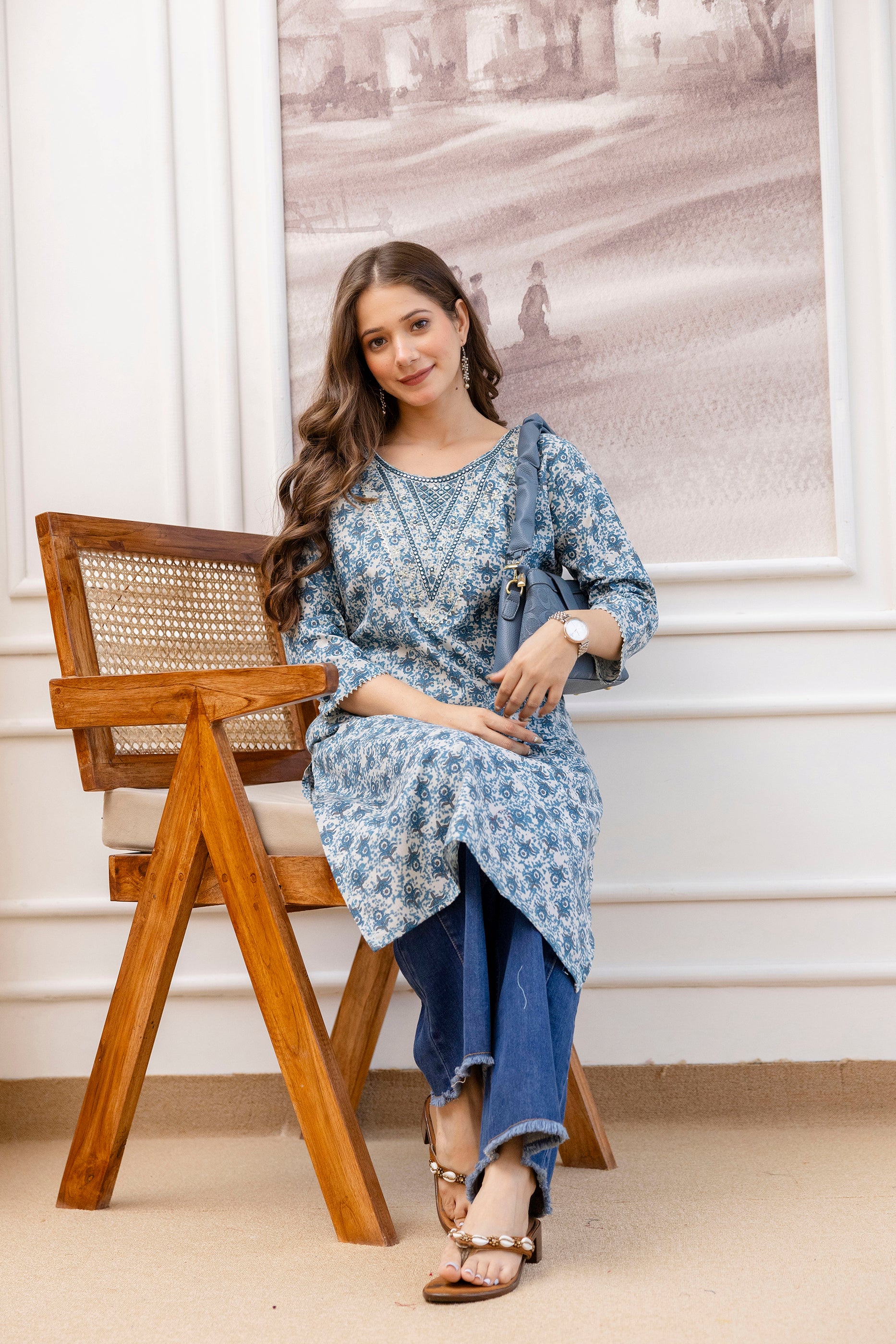 Navy Blue Printed Embroidered Pure Cotton Straight Kurta.