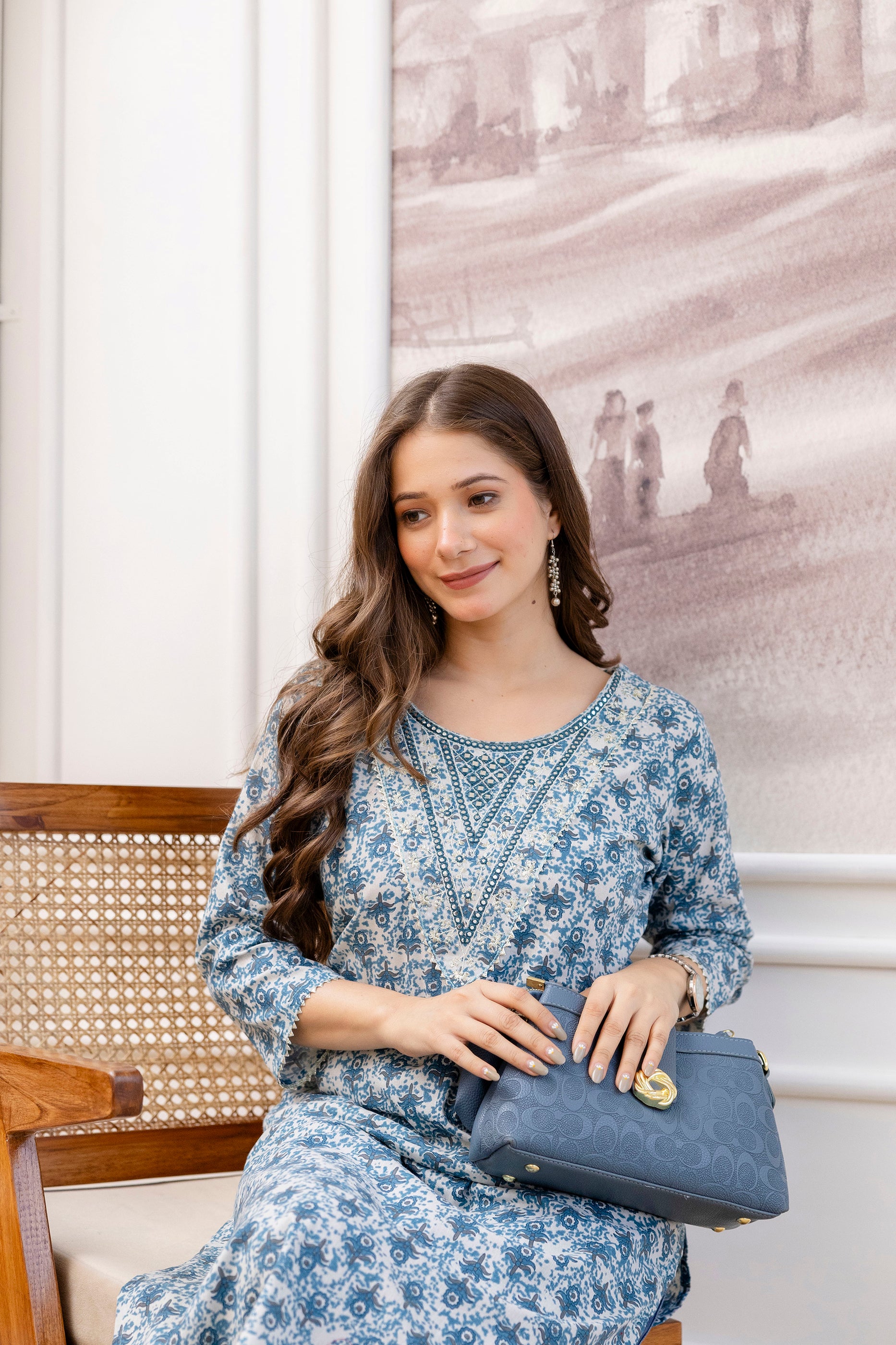 Navy Blue Printed Embroidered Pure Cotton Straight Kurta.