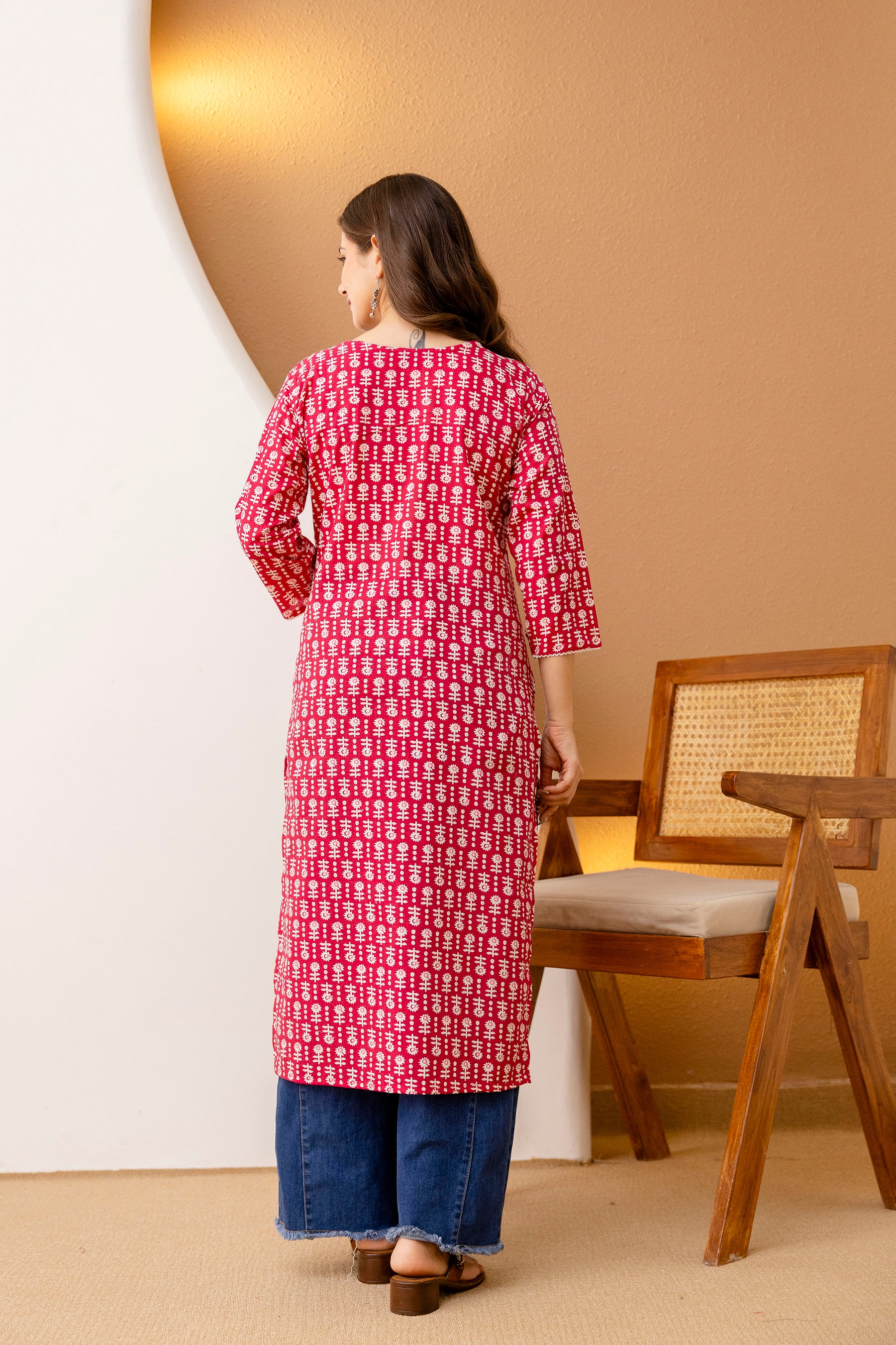 Red Printed Embroidered Pure Cotton Straight Kurta.