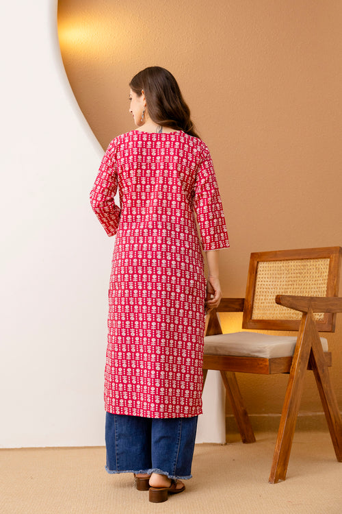 Red Printed Embroidered Pure Cotton Straight Kurta.