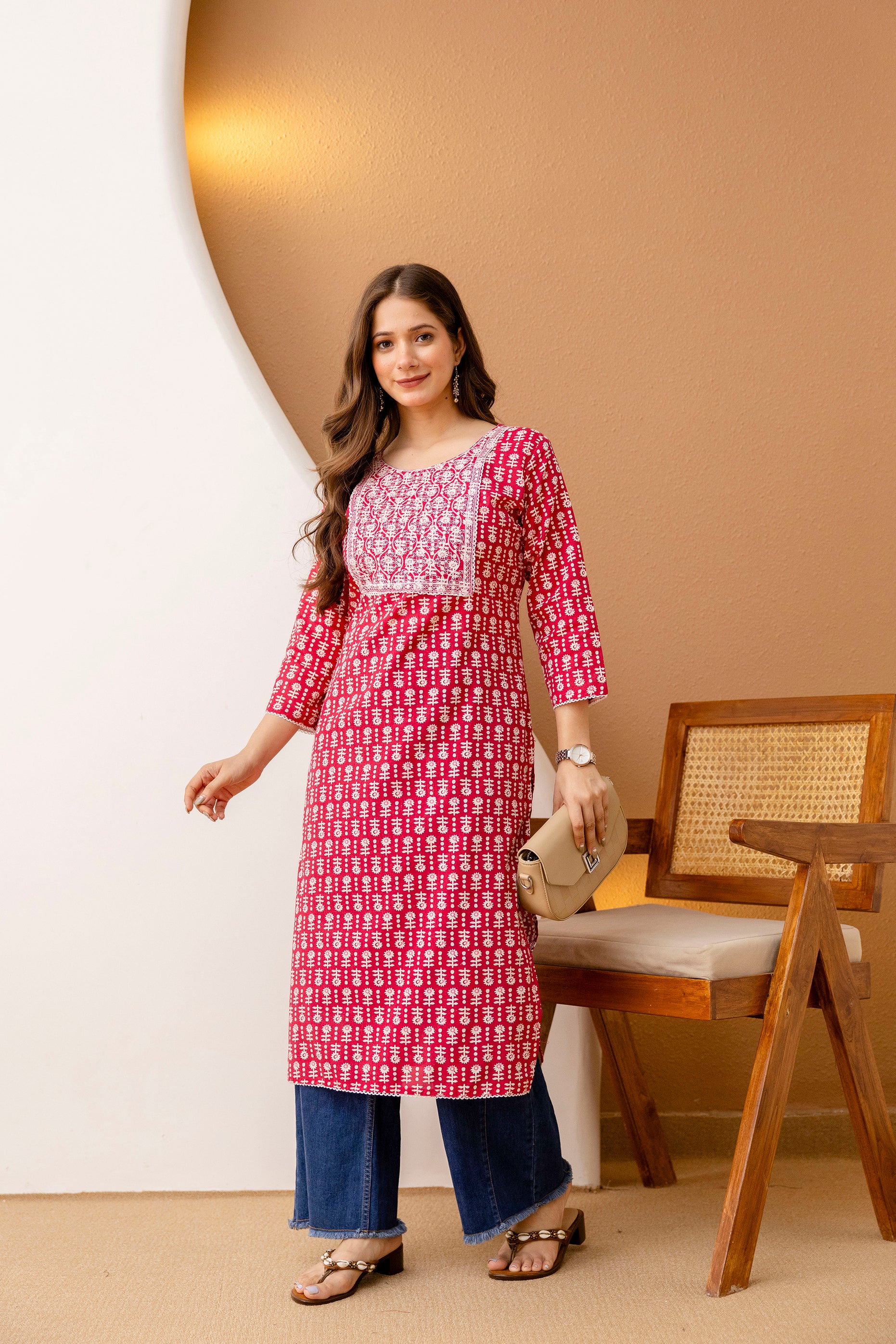 Red Printed Embroidered Pure Cotton Straight Kurta.