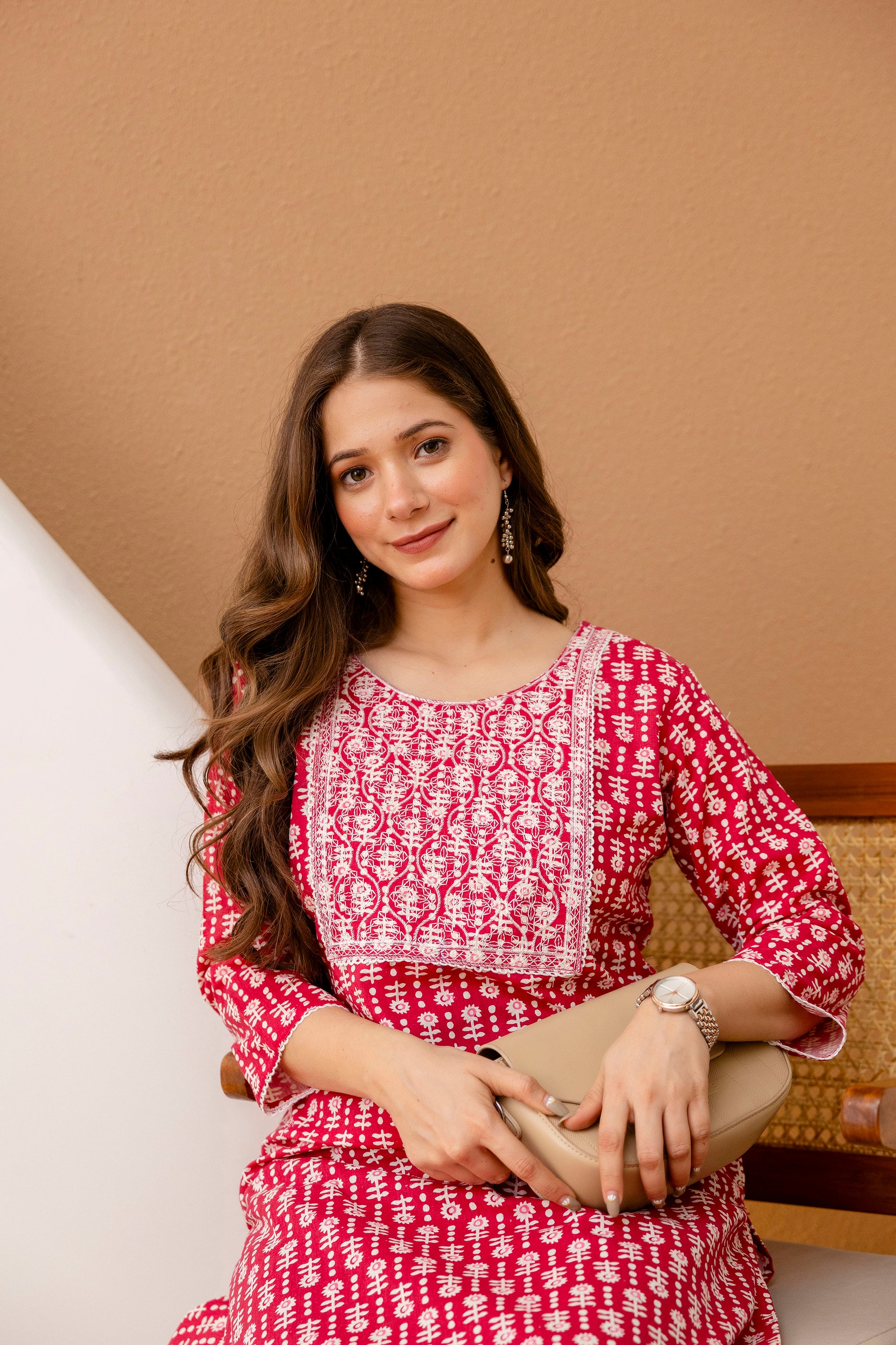 Red Printed Embroidered Pure Cotton Straight Kurta.
