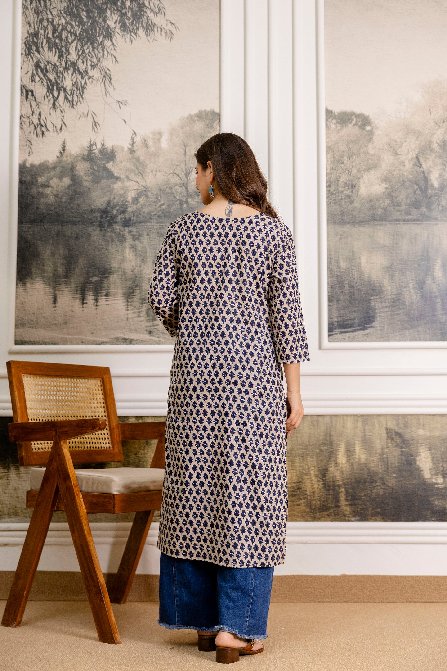 Navy Blue Printed Embroidered Pure Cotton Straight Kurta.