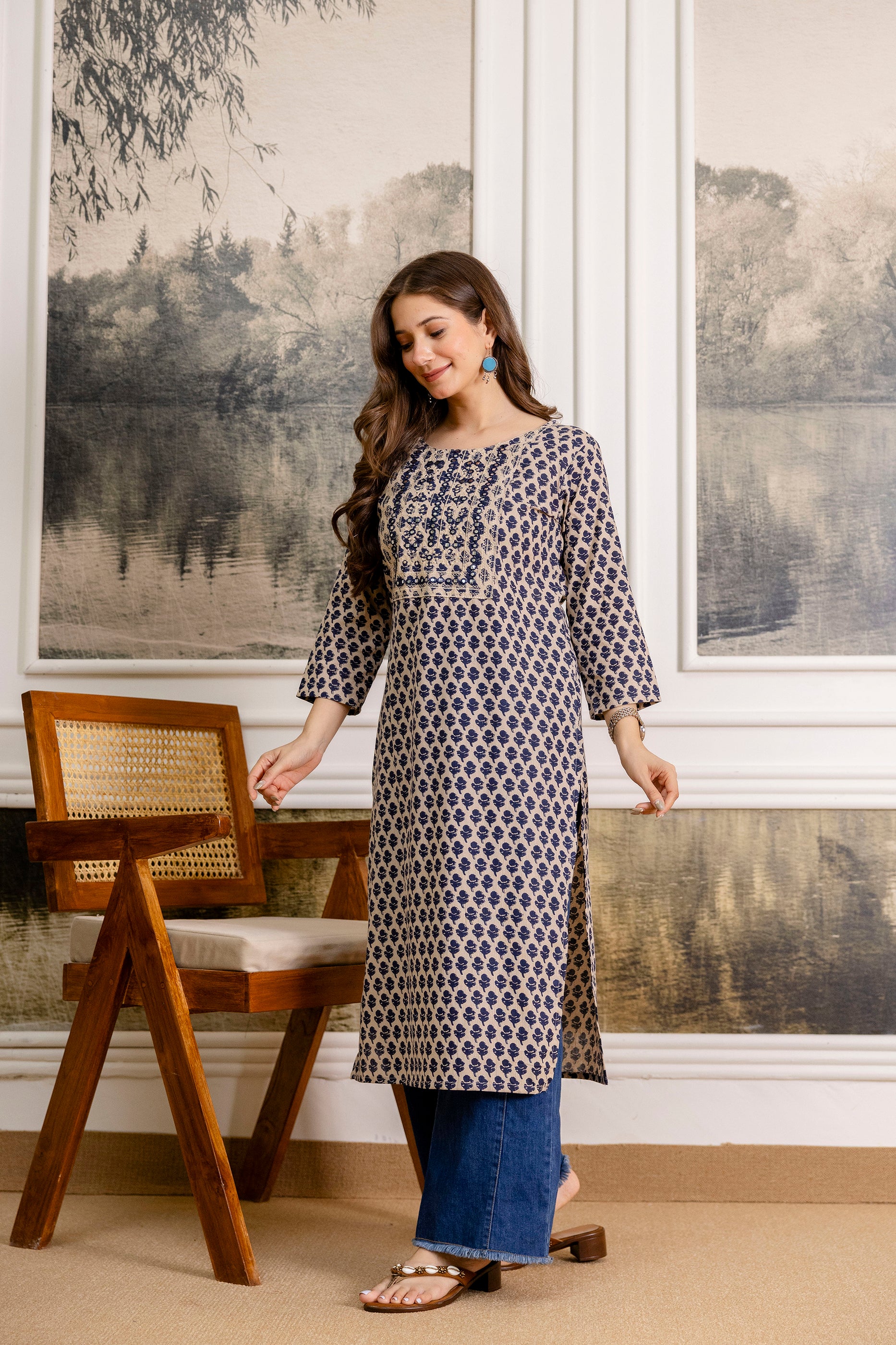 Navy Blue Printed Embroidered Pure Cotton Straight Kurta.