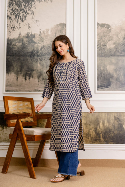 Navy Blue Printed Embroidered Pure Cotton Straight Kurta.
