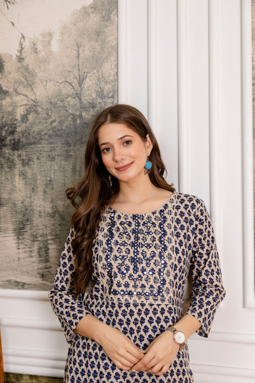 Navy Blue Printed Embroidered Pure Cotton Straight Kurta.