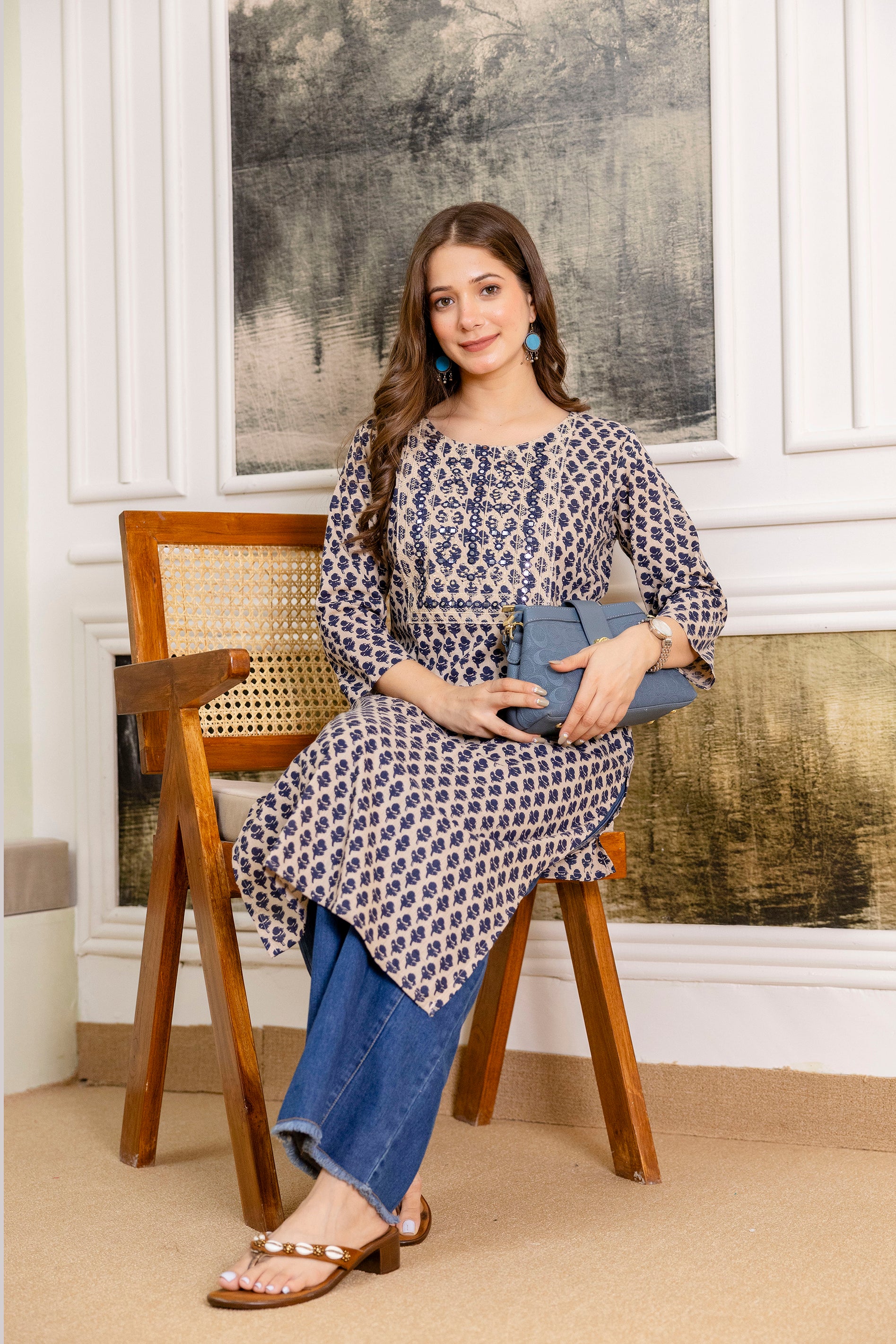 Navy Blue Printed Embroidered Pure Cotton Straight Kurta.