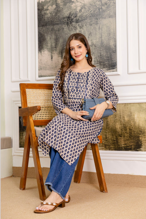 Navy Blue Printed Embroidered Pure Cotton Straight Kurta.