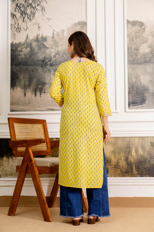 Yellow Printed Embroidered Pure Cotton Straight Kurta.