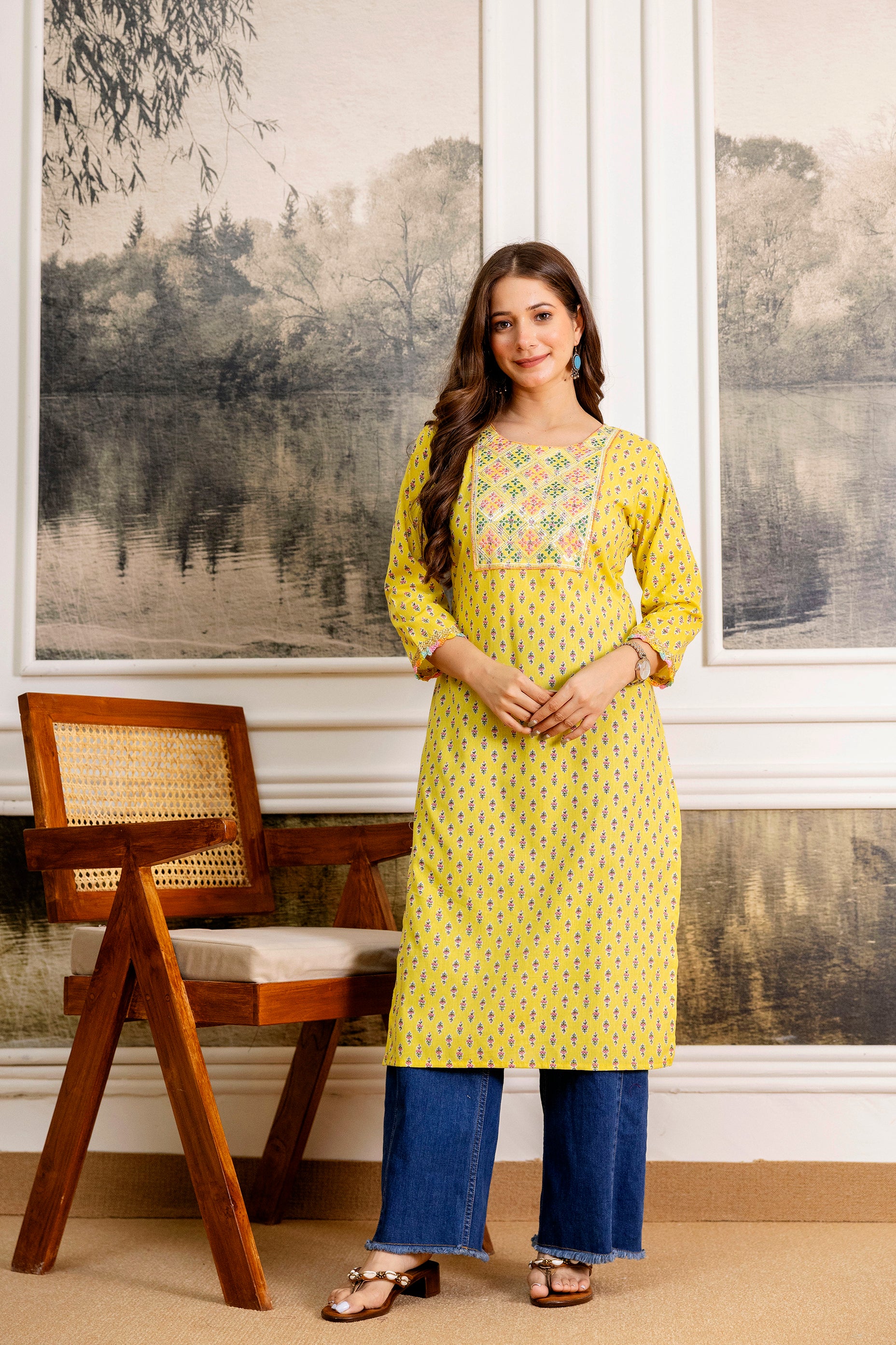 Yellow Printed Embroidered Pure Cotton Straight Kurta.