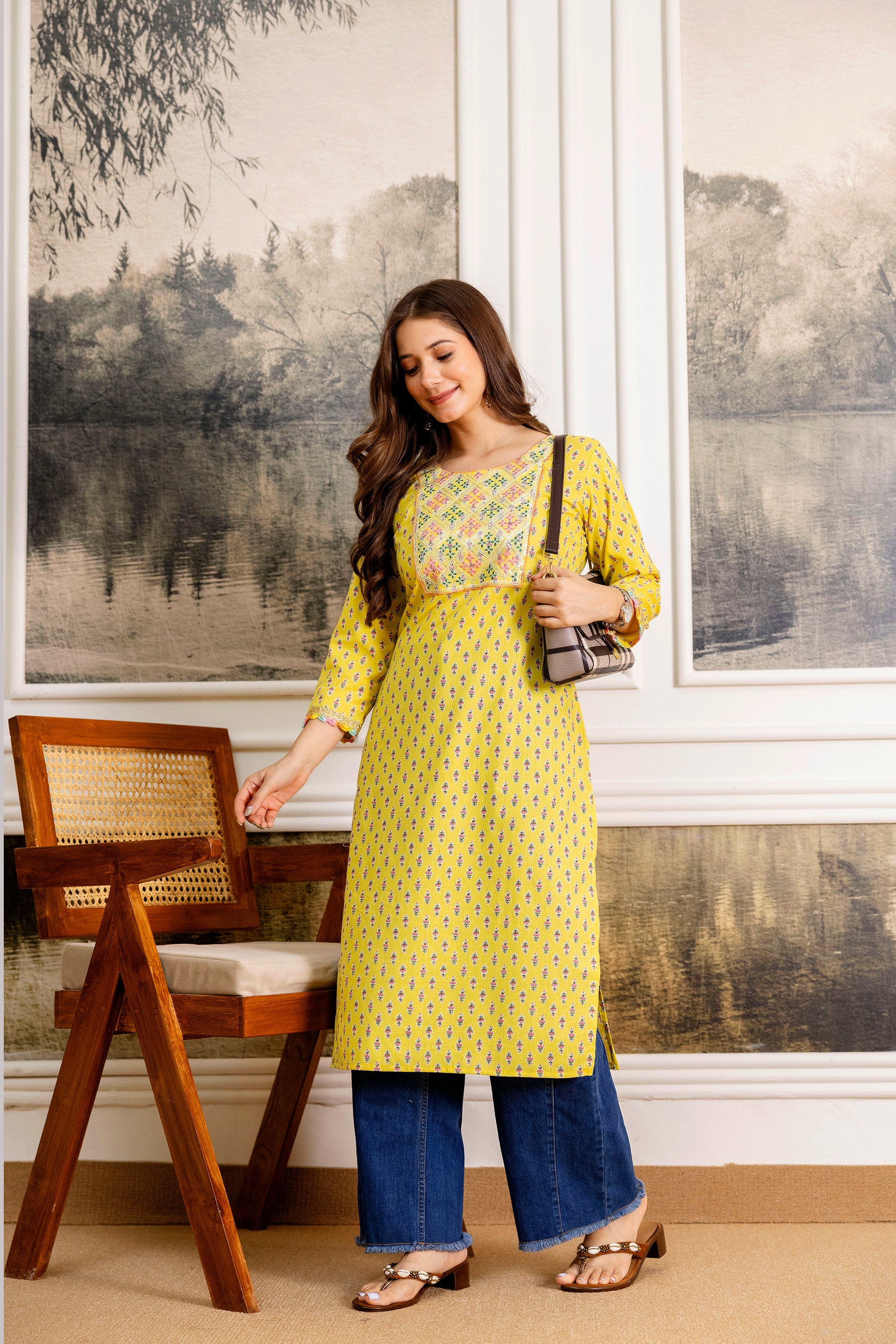 Yellow Printed Embroidered Pure Cotton Straight Kurta.