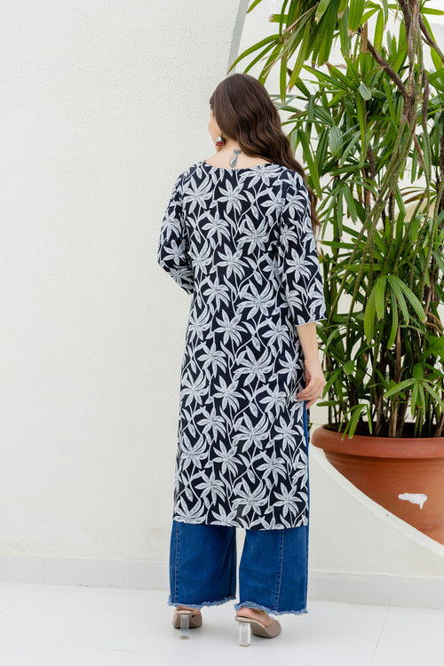 Navy Blue Printed Embroidered Pure Cotton Straight Kurta.