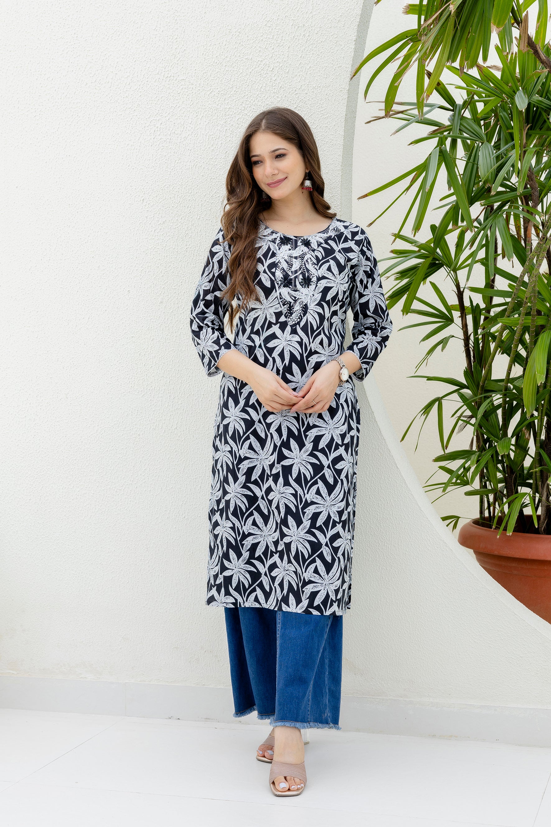 Navy Blue Printed Embroidered Pure Cotton Straight Kurta.