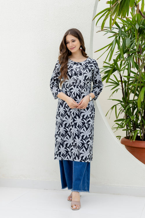 Navy Blue Printed Embroidered Pure Cotton Straight Kurta.
