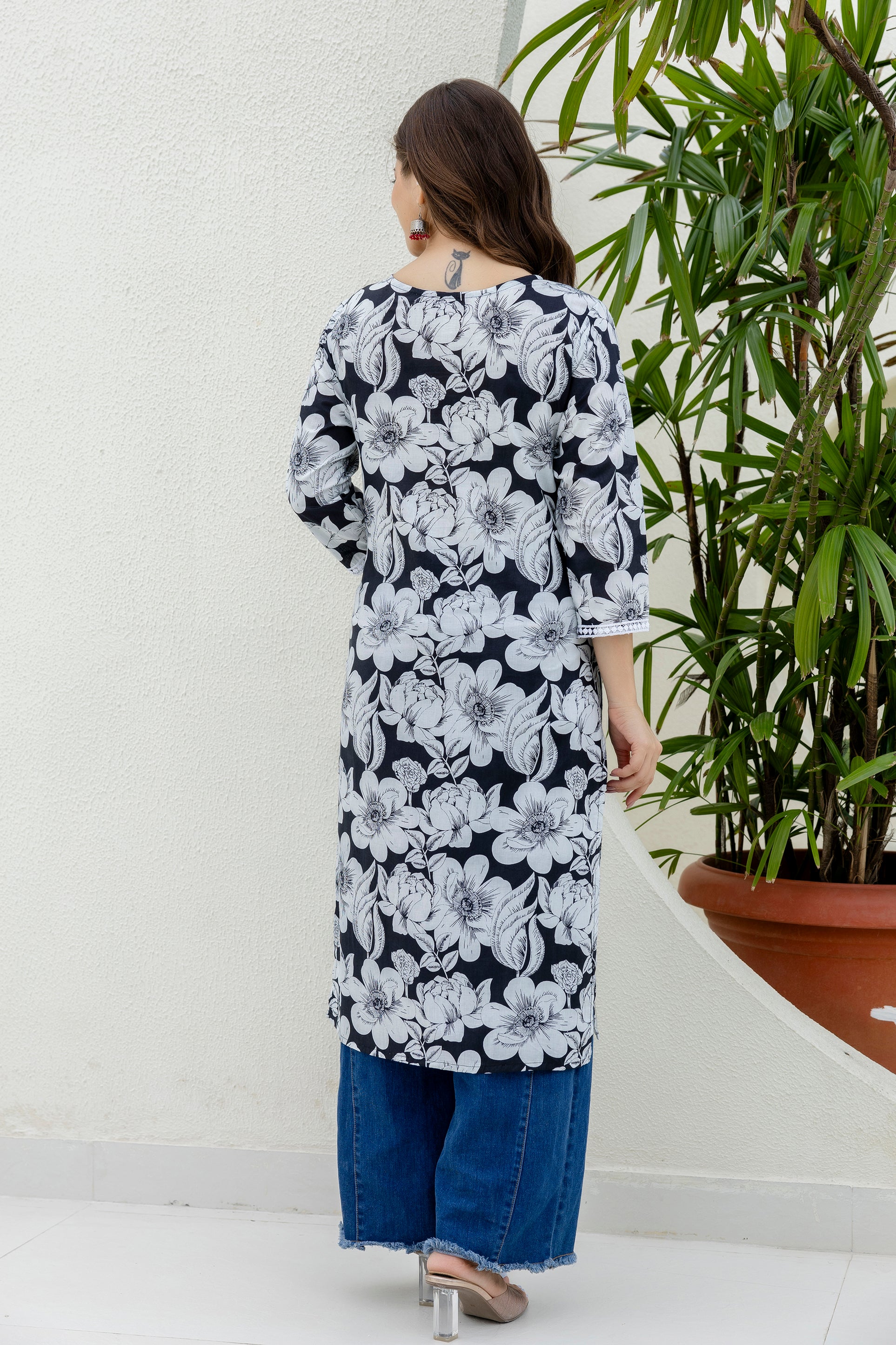 Navy Printed Embroidered Pure Cotton Straight Kurta.
