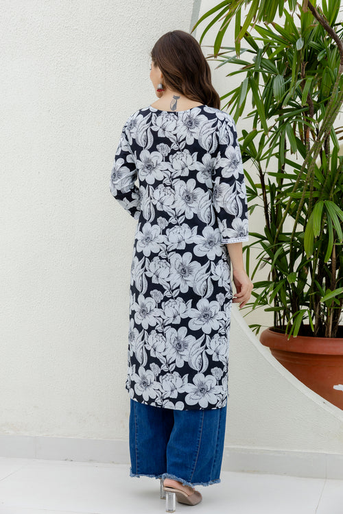 Navy Printed Embroidered Pure Cotton Straight Kurta.