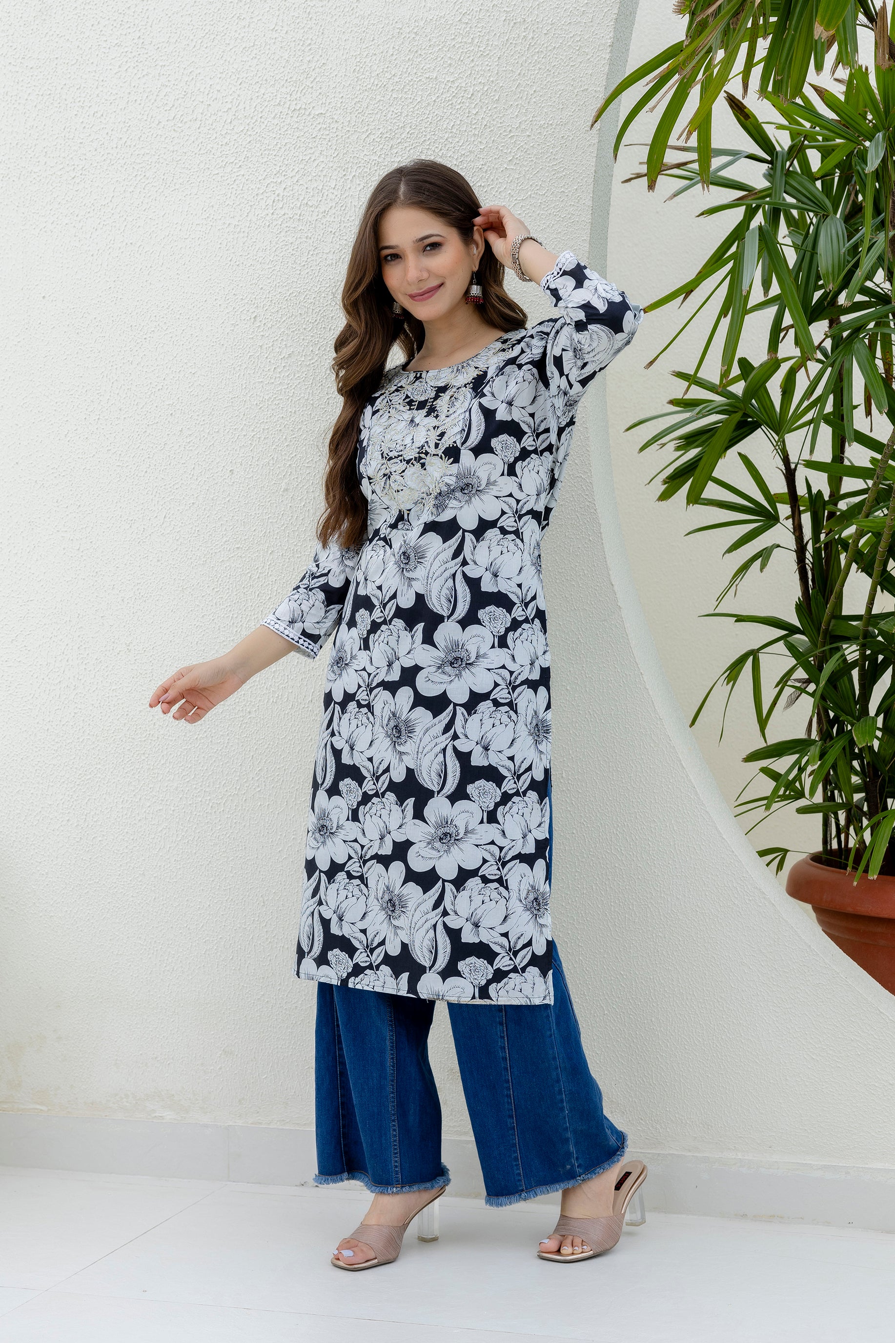 Navy Printed Embroidered Pure Cotton Straight Kurta.