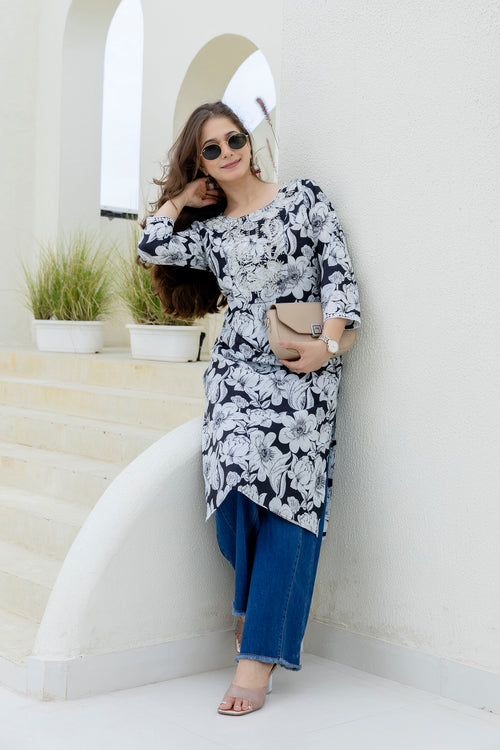 Navy Printed Embroidered Pure Cotton Straight Kurta.