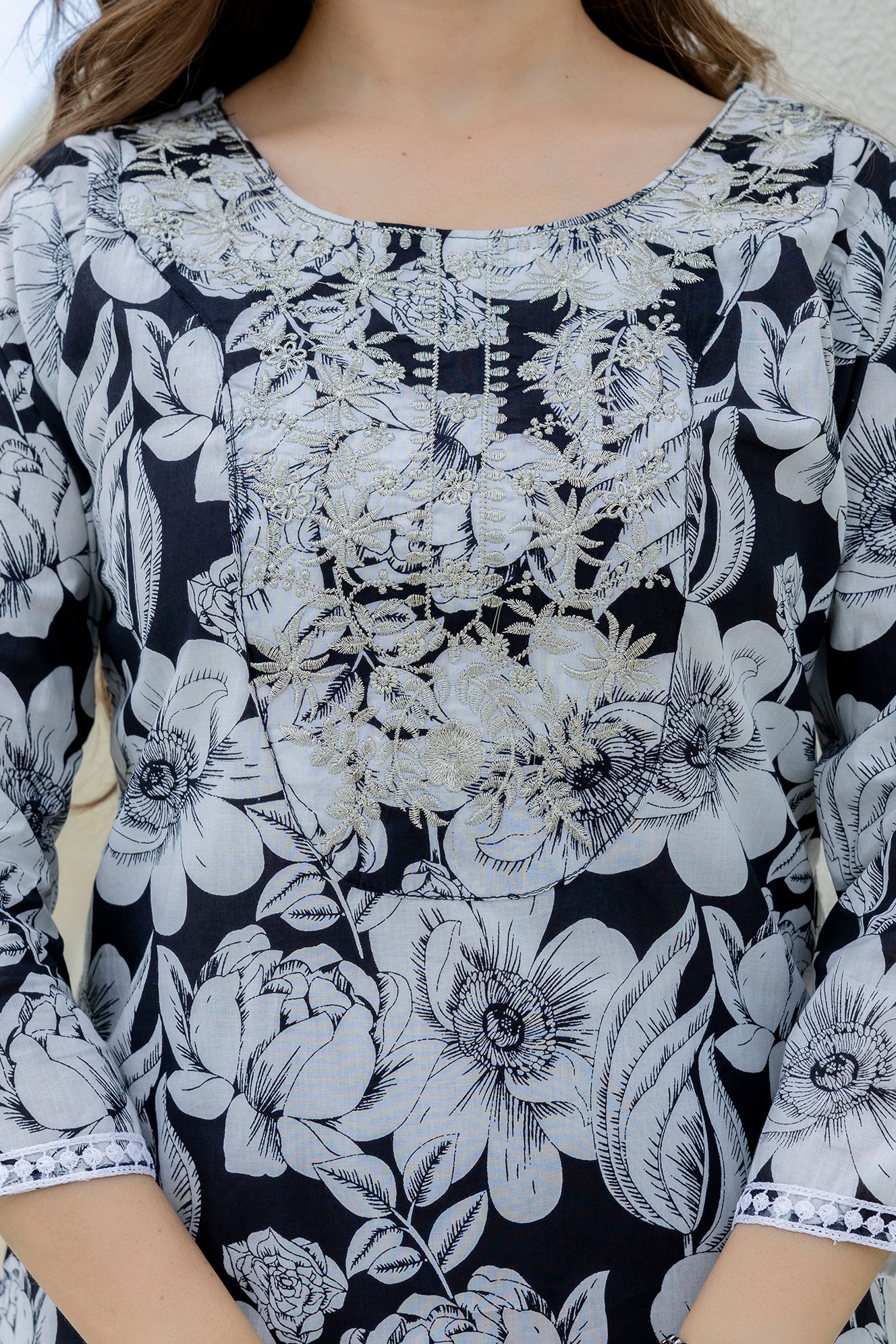 Navy Printed Embroidered Pure Cotton Straight Kurta.