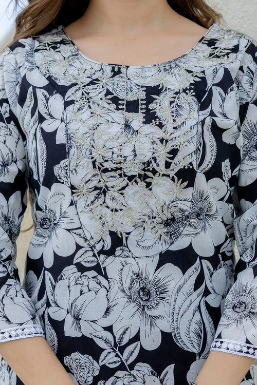 Navy Printed Embroidered Pure Cotton Straight Kurta.