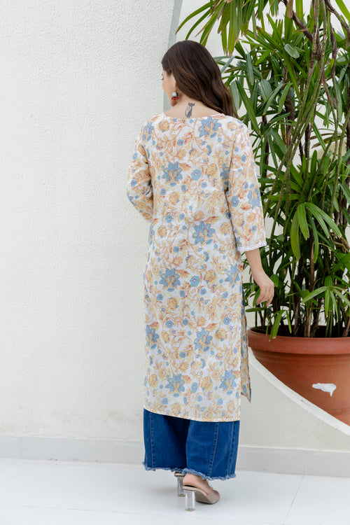 White Printed Embroidered Pure Cotton Straight Kurta.
