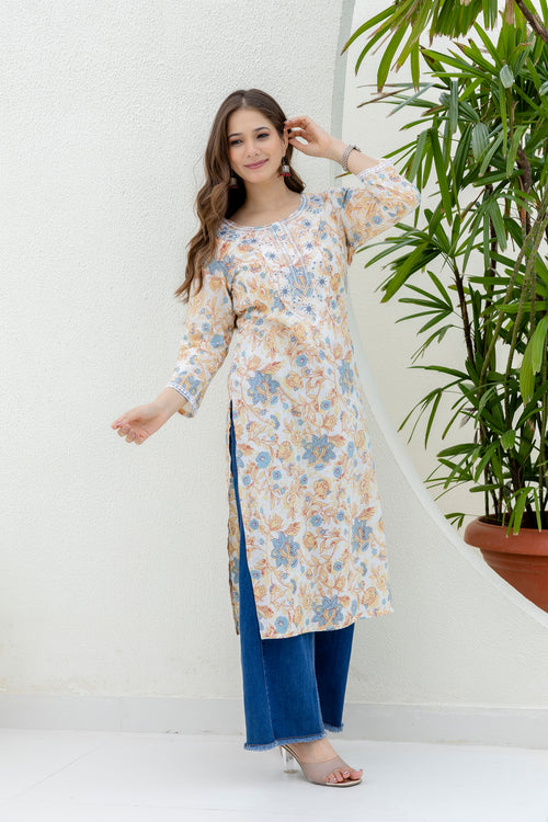 White Printed Embroidered Pure Cotton Straight Kurta.