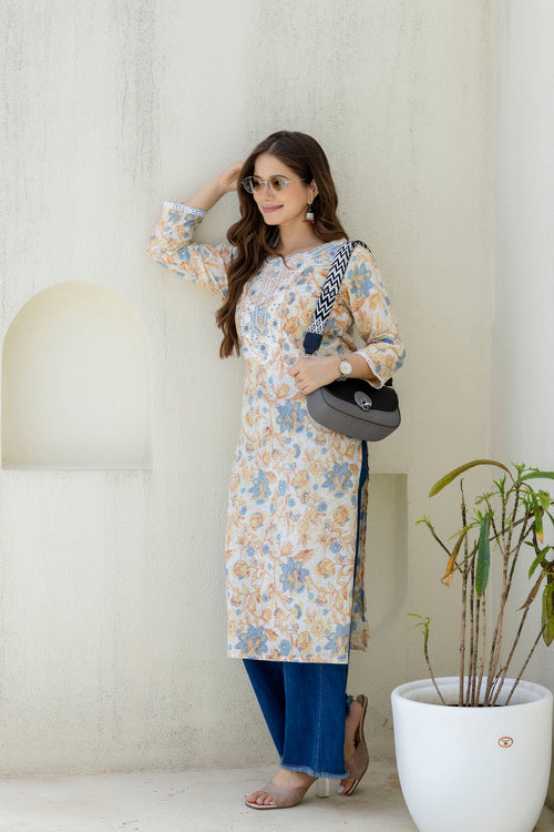 White Printed Embroidered Pure Cotton Straight Kurta.