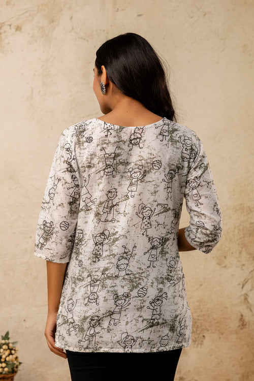 White & Olive Green Doodle Print Pure Cotton Short Kurti
