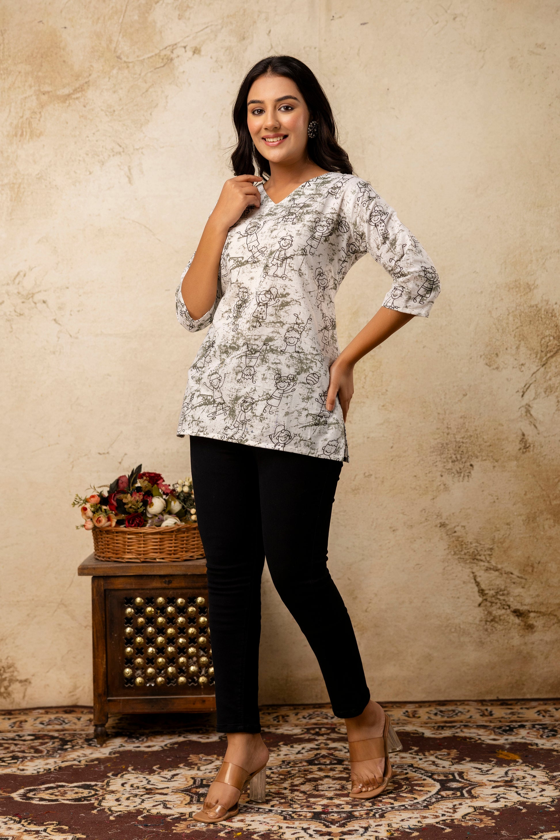 White & Olive Green Doodle Print Pure Cotton Short Kurti