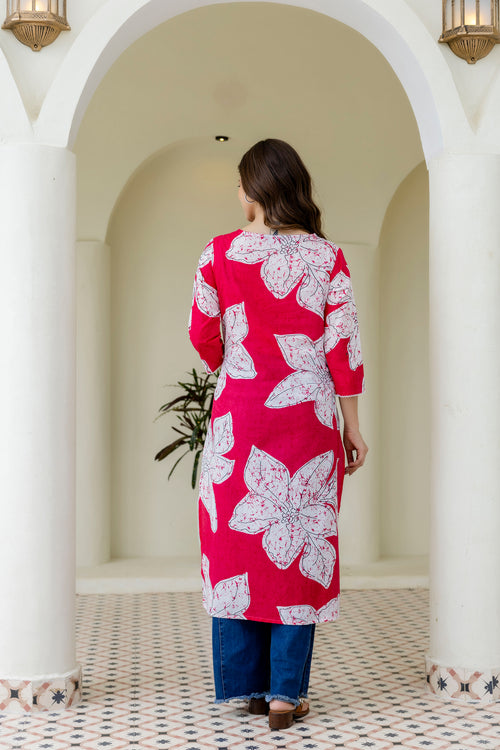 Red Printed Embroidered Pure Cotton Straight Kurta.