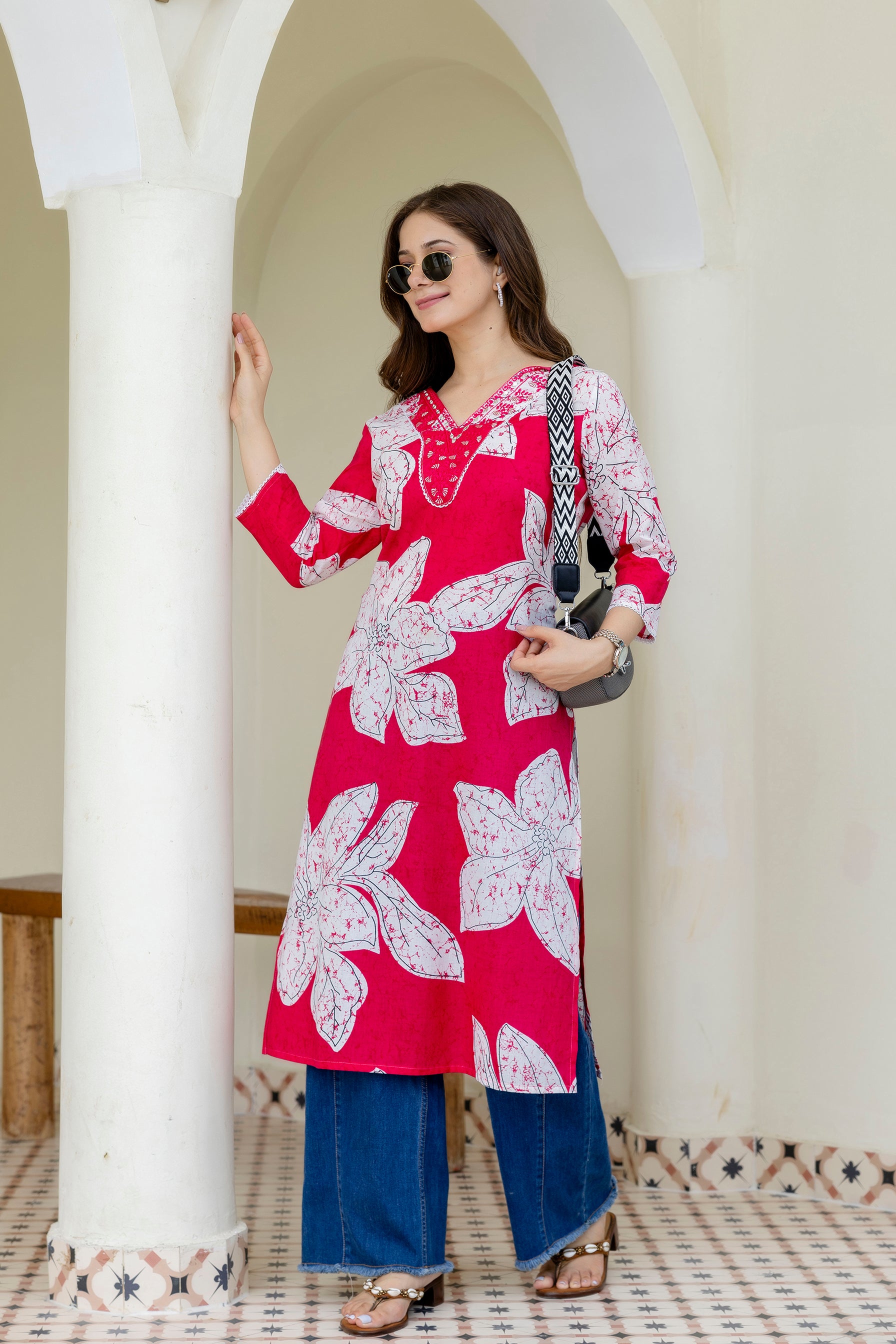 Red Printed Embroidered Pure Cotton Straight Kurta.