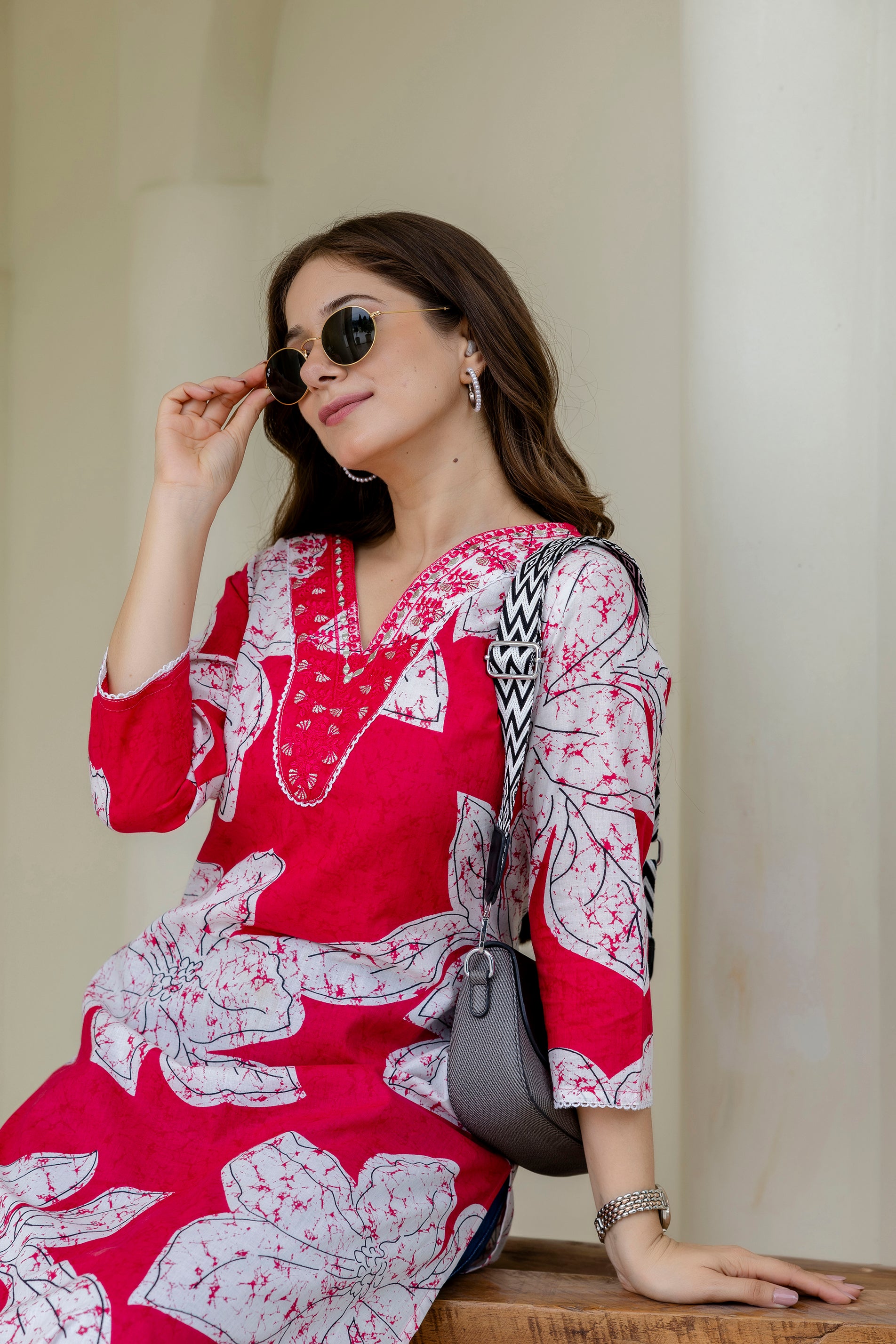 Red Printed Embroidered Pure Cotton Straight Kurta.
