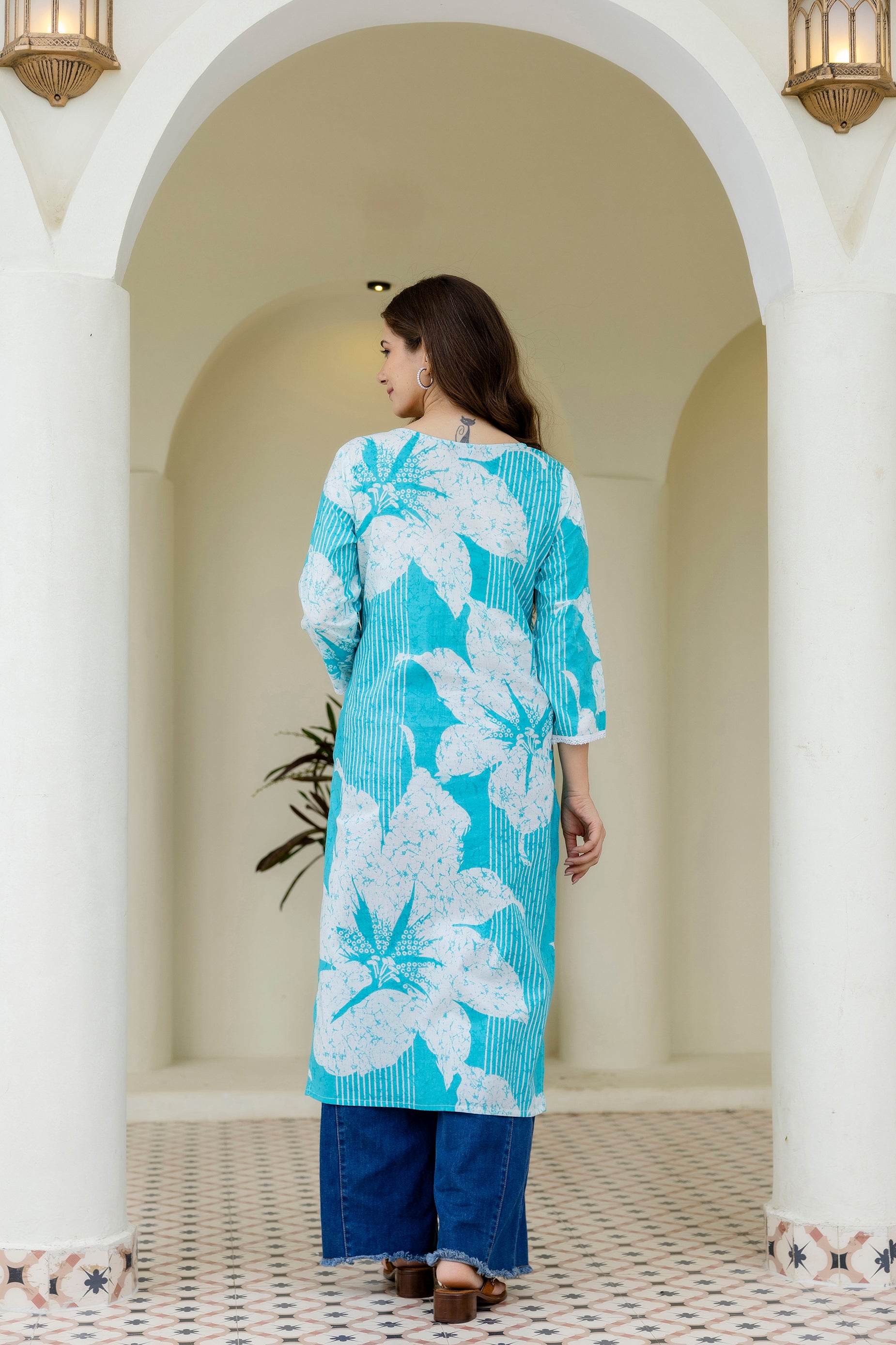 Sky Blue Printed Embroidered Pure Cotton Straight Kurta.