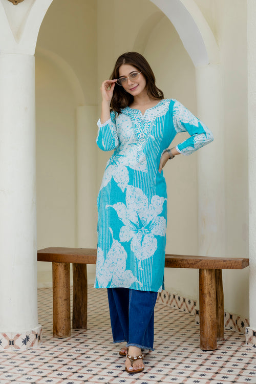 Sky Blue Printed Embroidered Pure Cotton Straight Kurta.