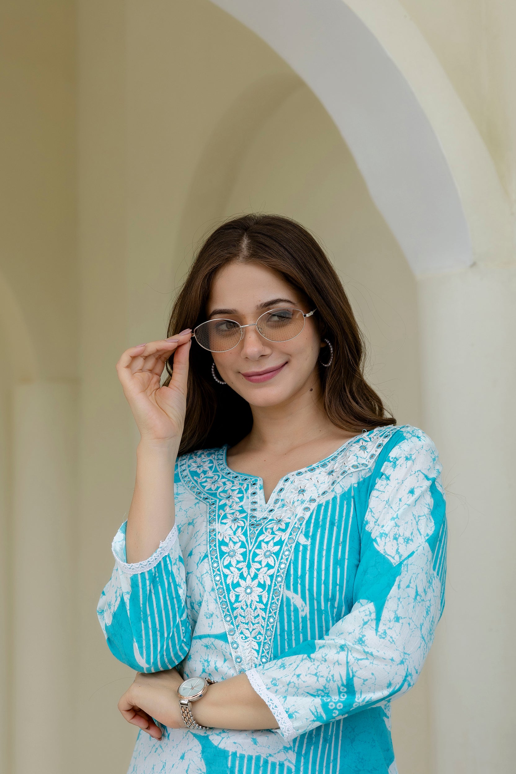 Sky Blue Printed Embroidered Pure Cotton Straight Kurta.