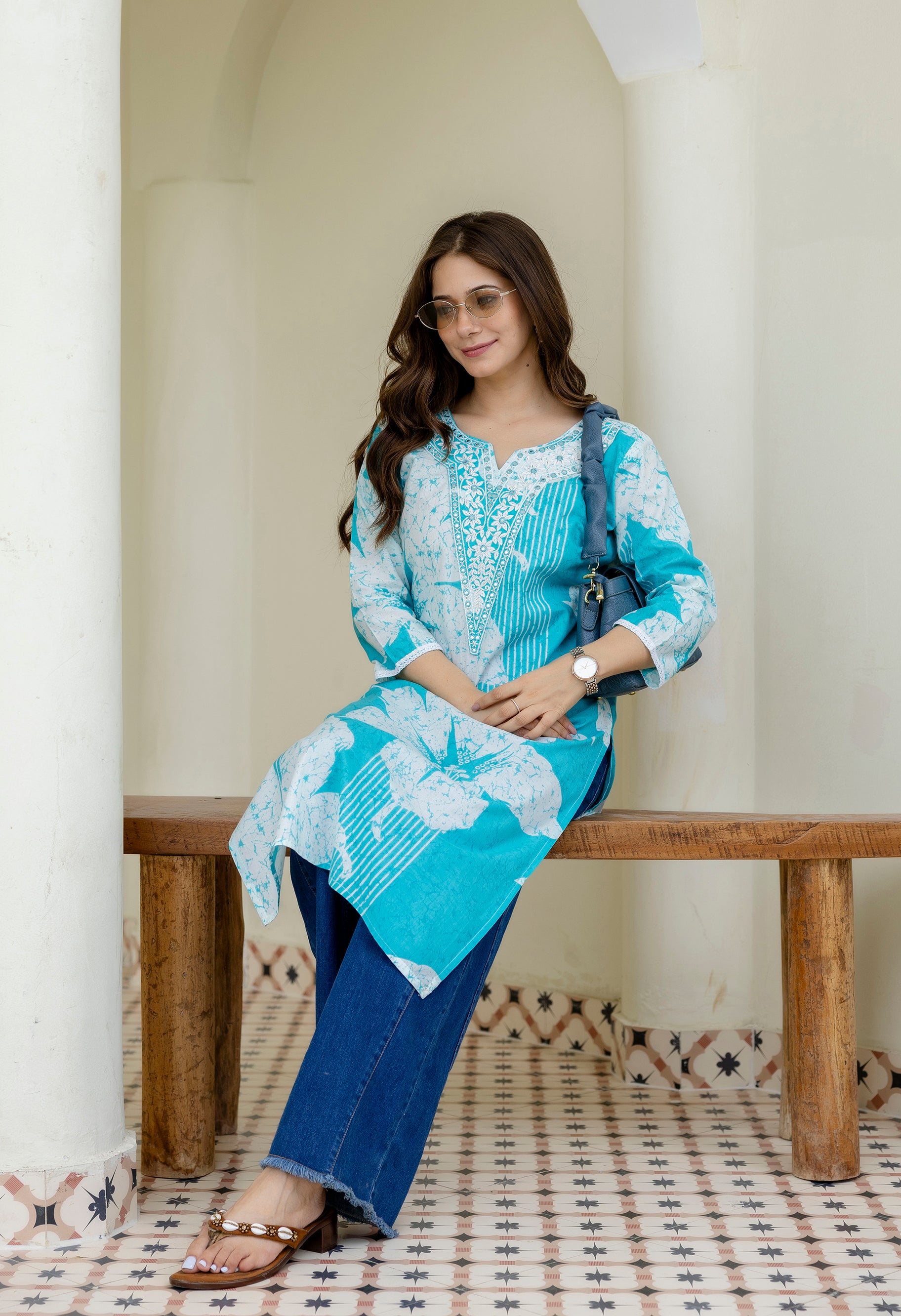 Sky Blue Printed Embroidered Pure Cotton Straight Kurta.